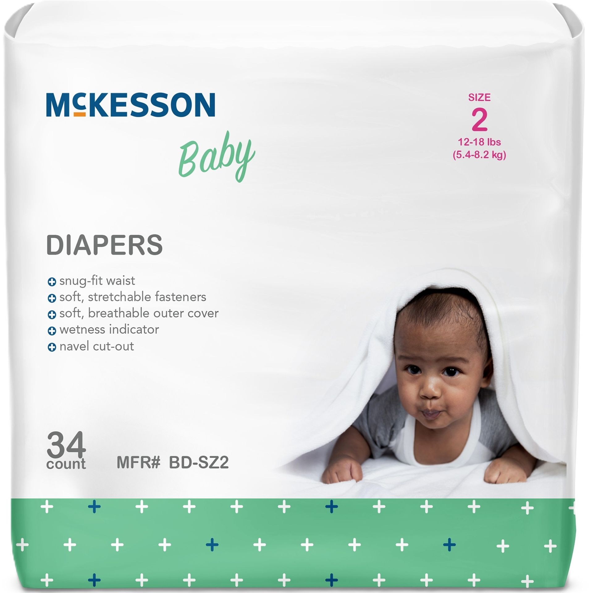 Package of McKesson baby diapers, size 2, with baby, and features listed.