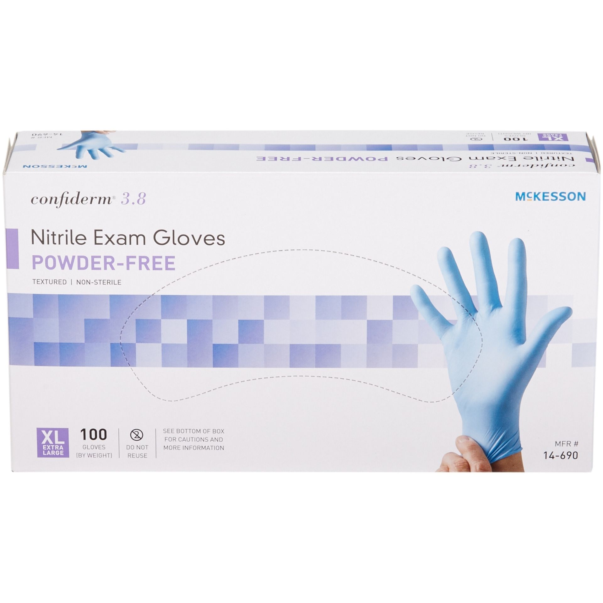 Box of blue nitrile exam gloves, powder-free, with a hand wearing a glove on the right.