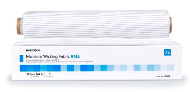 White roll of moisture-wicking fabric sitting on top of a white box with blue text and a blue Ag symbol.