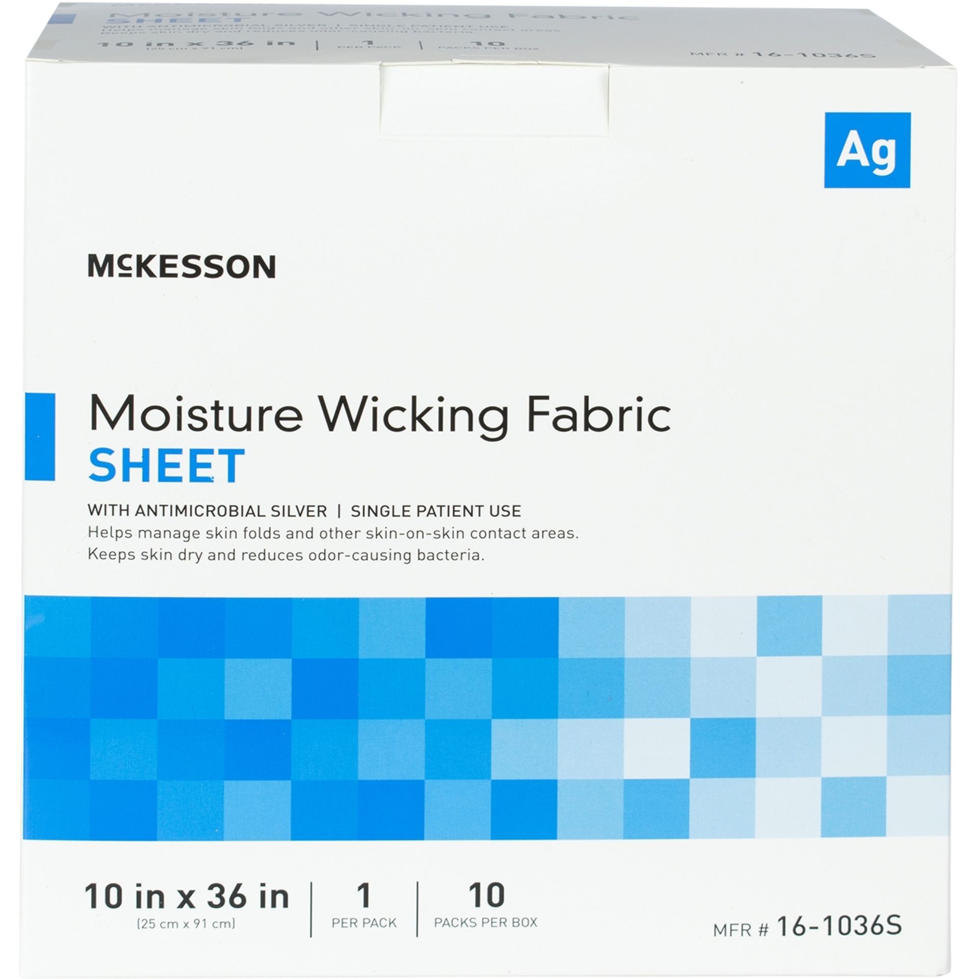 White box of McKesson Moisture Wicking Fabric Sheet. Blue logo with silver icon. Product size 10x36 in.