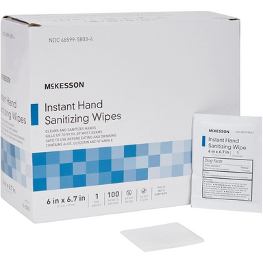 Box of McKesson Instant Hand Sanitizing Wipes, with a single wipe packet and open wipe visible.