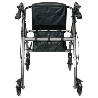 Gray rolling walker with black seat and storage bag, viewed from the front.