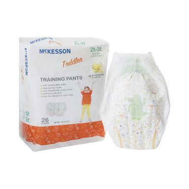 Package of McKesson toddler training pants next to an individual pant.