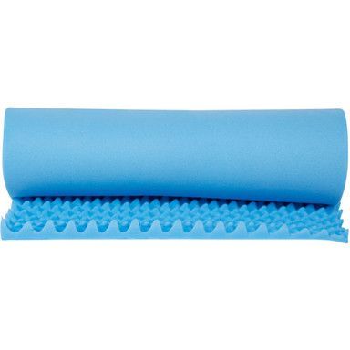 Blue foam acoustic panel, rolled and unfolded, on a white background.