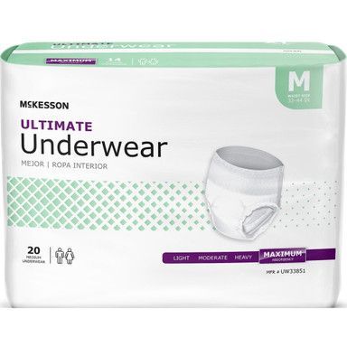 McKesson Ultimate Underwear package, medium size, light green and white. Contains 20 adult incontinence underwear.