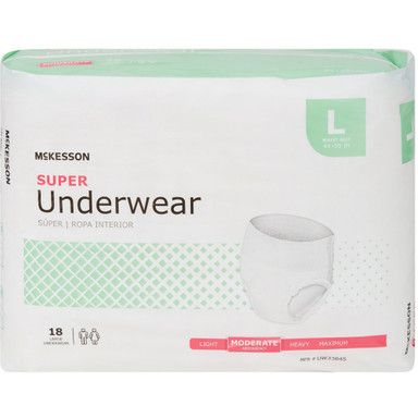 Package of McKesson Super Underwear, size L, with a moderate absorbency level.