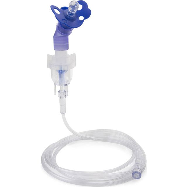 Blue and clear nebulizer for babies with a pacifier, tubing, and mask.