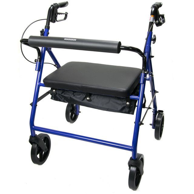 Blue rolling walker with black seat, storage bag, and handles.