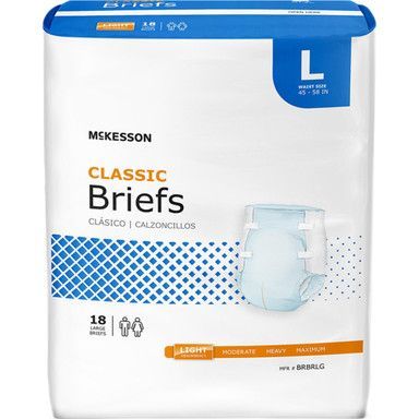 McKesson Classic Briefs package, large size, featuring blue and white design, and absorption level indicator.