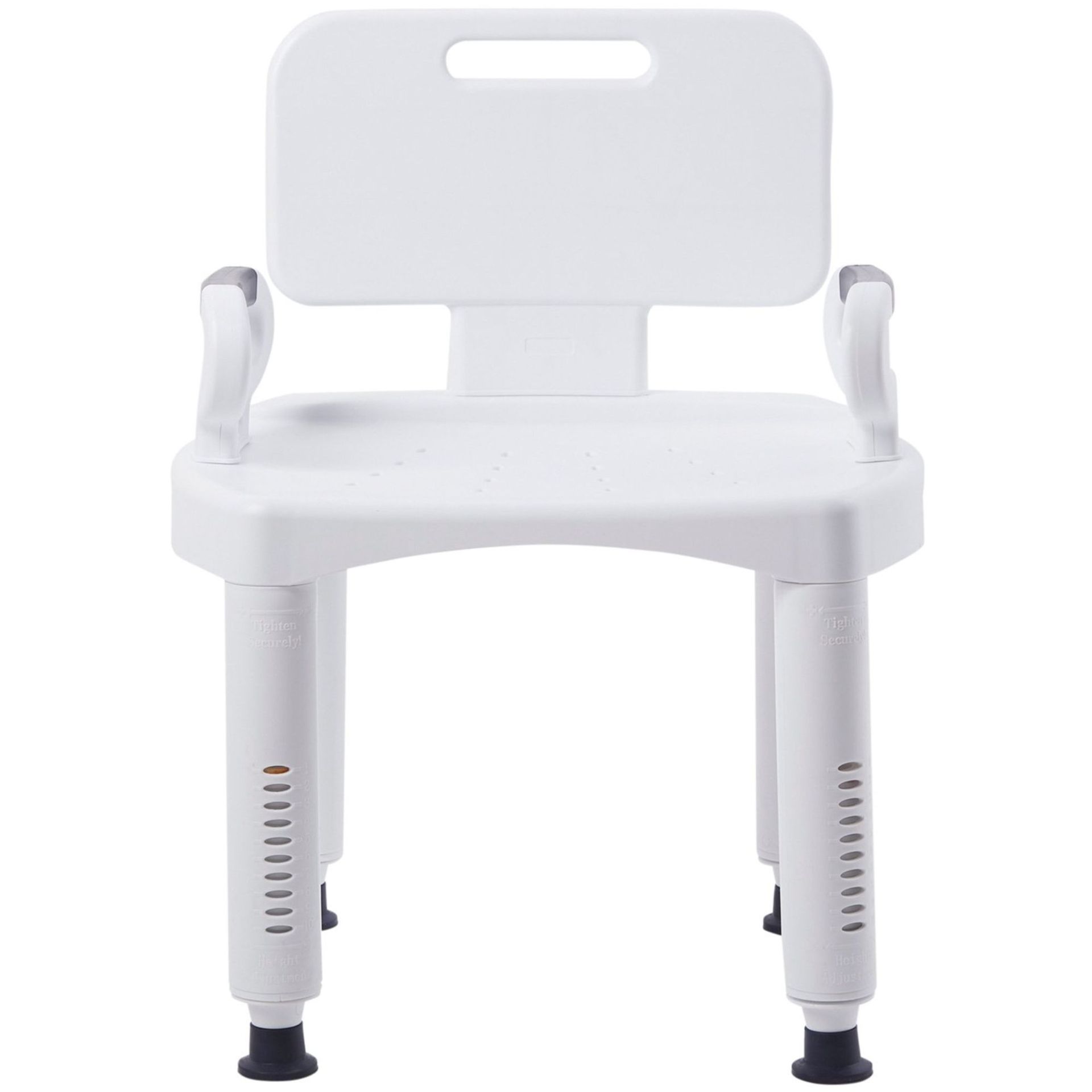 White adjustable shower chair with back and armrests.