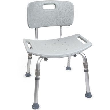 Gray shower chair with back and adjustable legs, for people with mobility issues.
