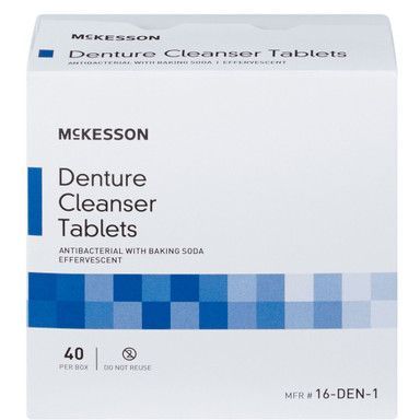 Box of McKesson denture cleanser tablets, white with blue accents. Contains 40 tablets.