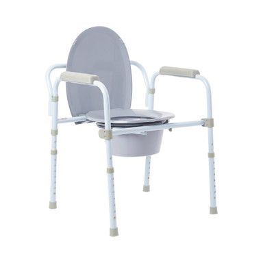 Gray and white commode chair with armrests and a removable bucket.