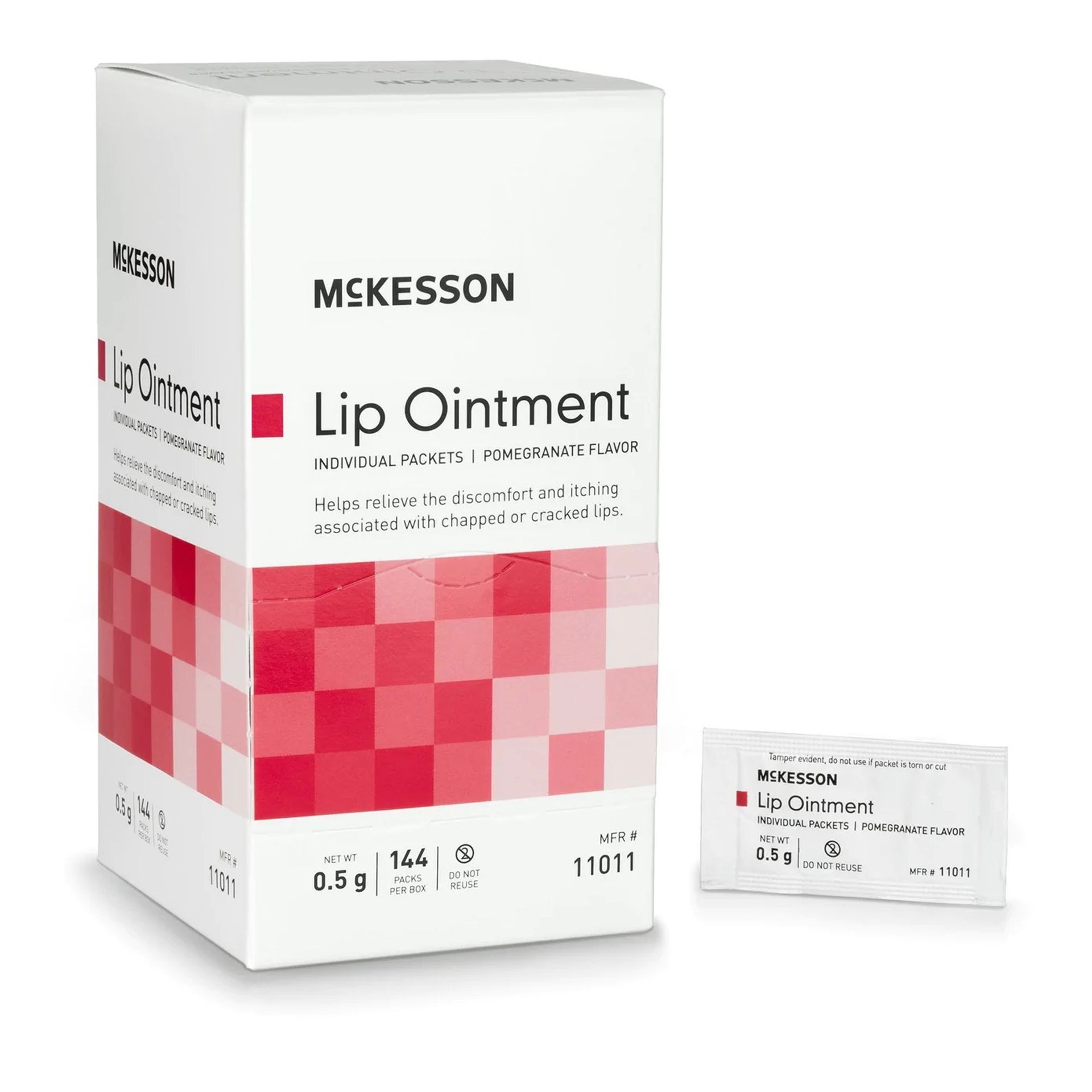 McKesson lip ointment box and individual packet. White box with red accents.