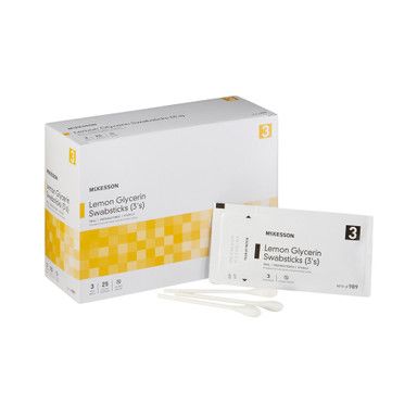 Box of McKesson Lemon Glycerin Swabsticks with individual packets and swabs.