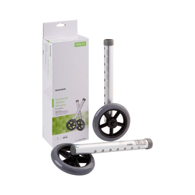 Pair of walker wheels with adjustable poles and a box on a white background.