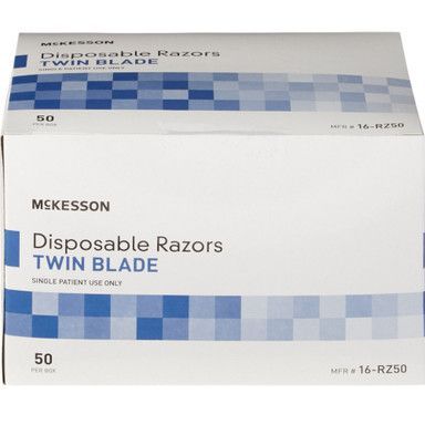 Box of McKesson twin blade disposable razors, blue and white design, 50 razors per box.