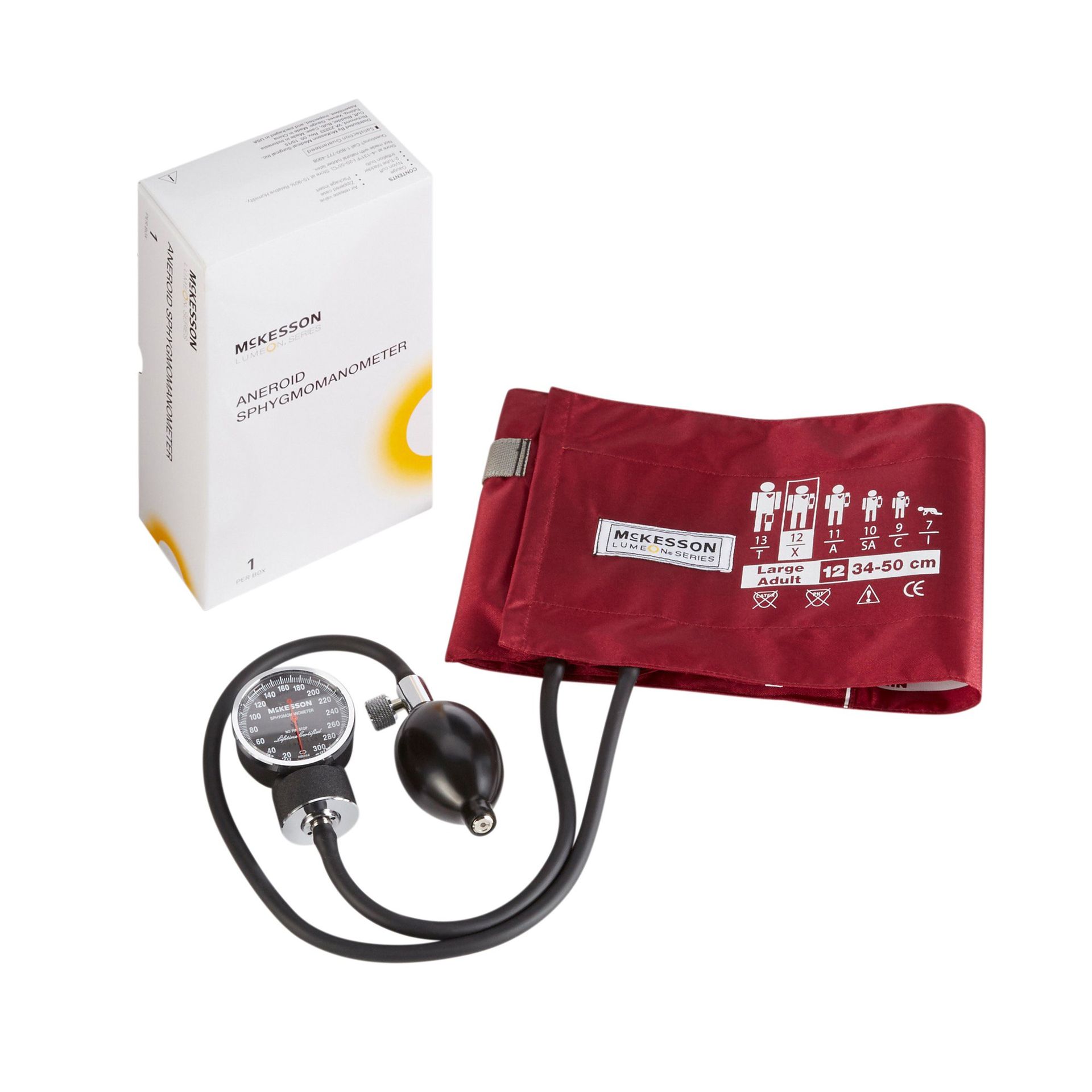 Blood pressure monitor with red cuff, gauge, bulb, and white box.