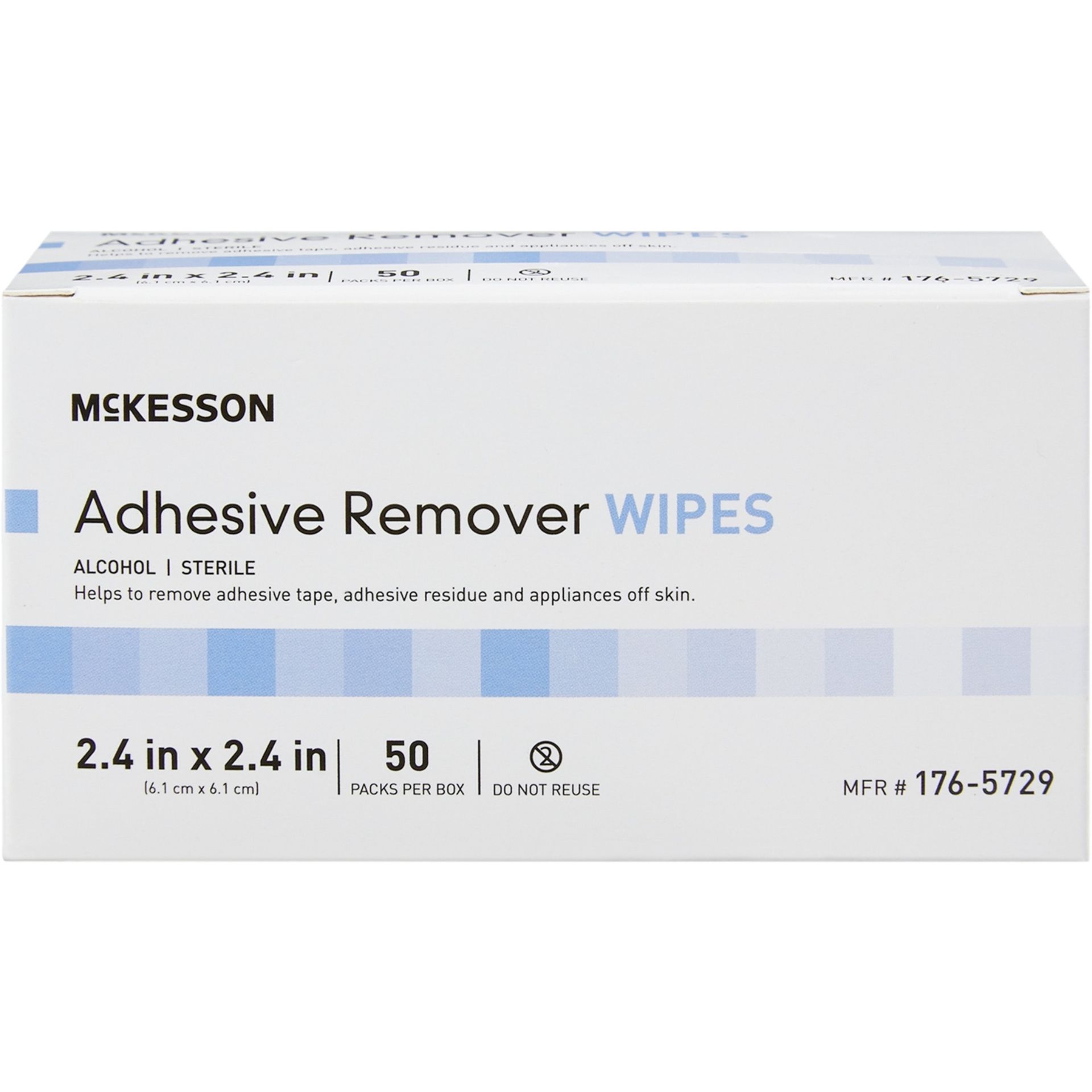 Box of McKesson adhesive remover wipes. White with blue accents, contains 50 wipes.