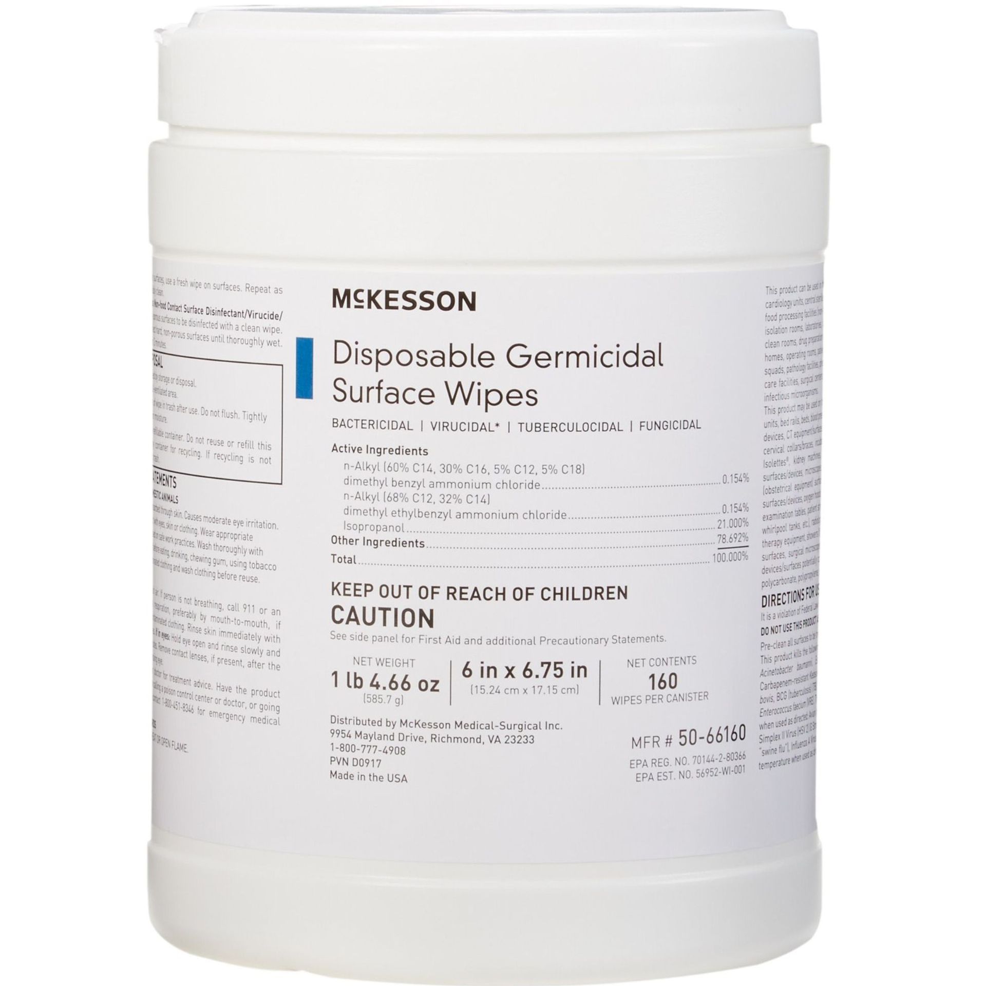 White McKesson container of disposable germicidal surface wipes.
