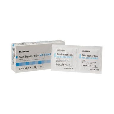Box and individual packets of McKesson Skin Barrier Film NO-STING wipes.