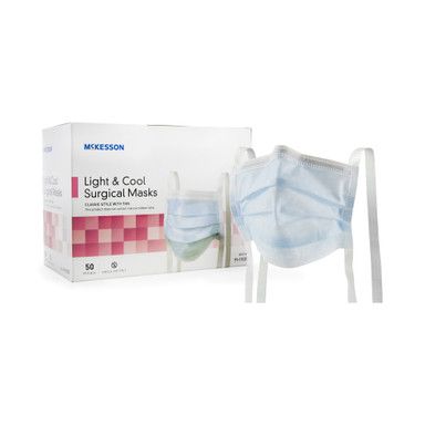 Box of McKesson Light & Cool Surgical Masks, with one mask hanging in front.