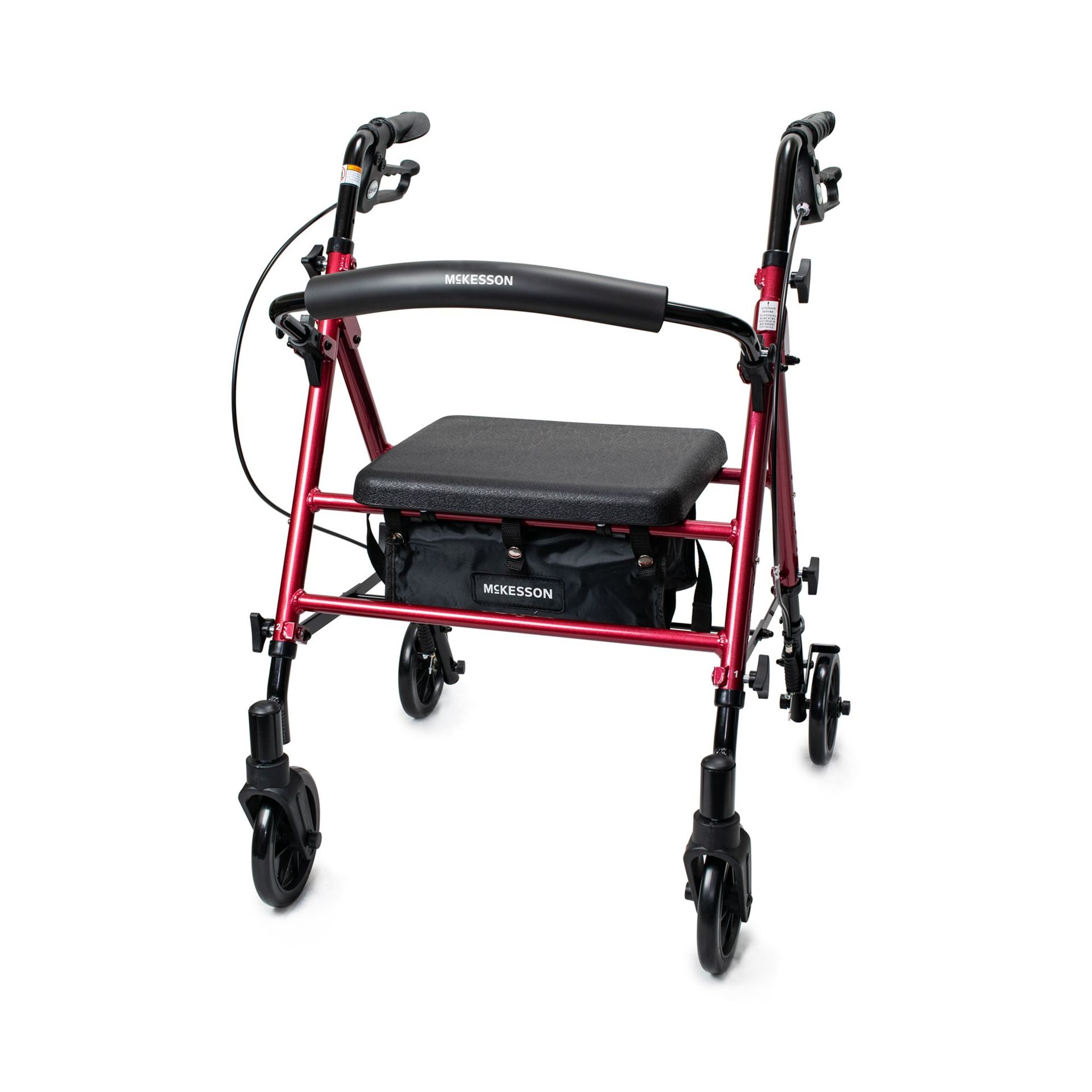 Red rolling walker with black seat, wheels, and storage bag.