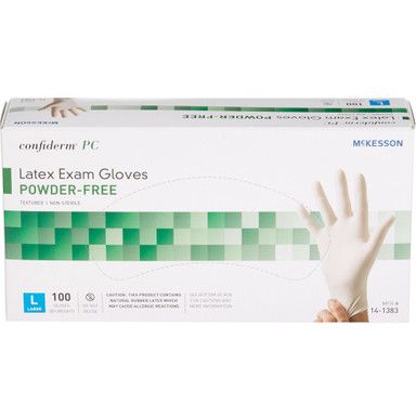 Box of powder-free latex exam gloves; white box with green accents and glove hand illustrations.