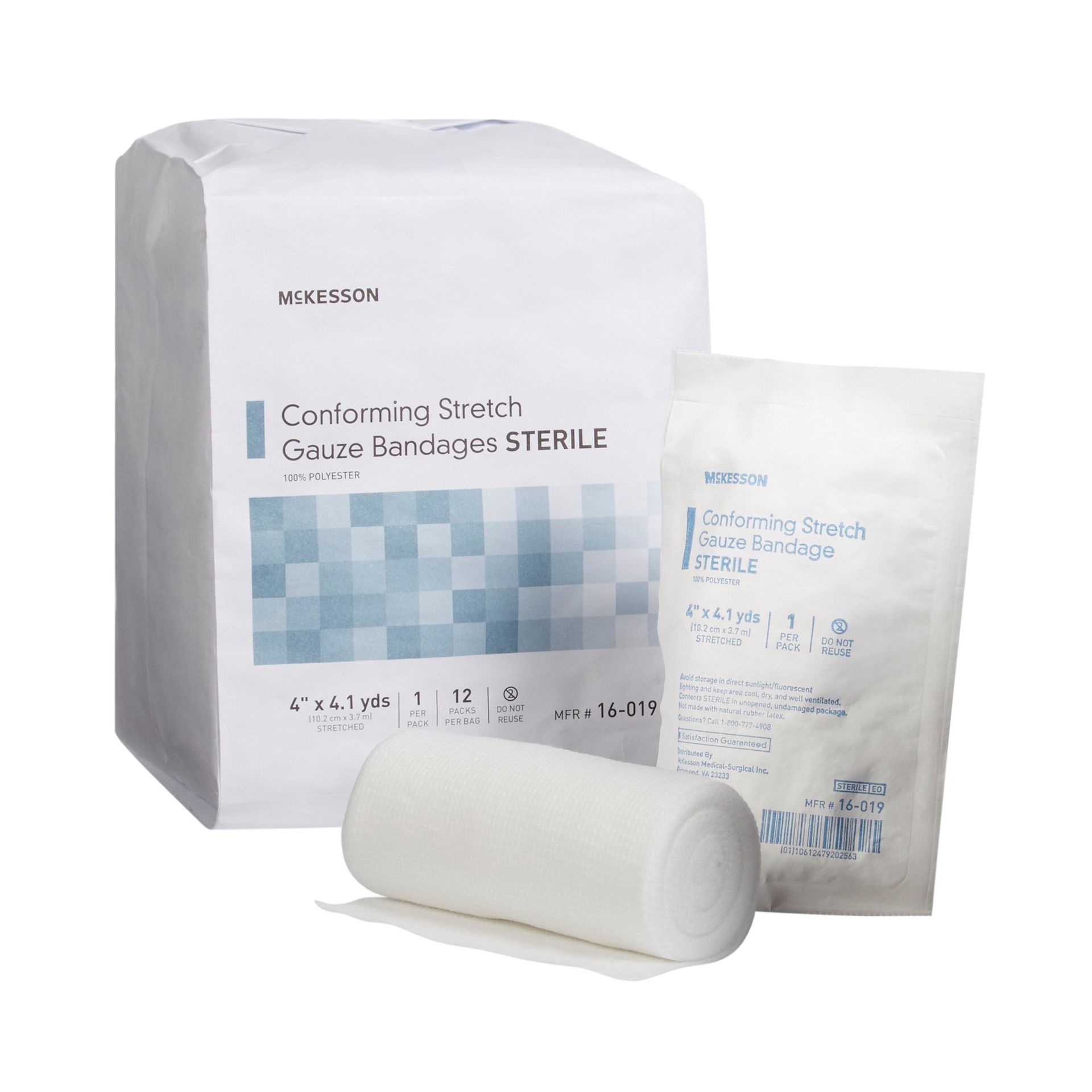 White sterile conforming gauze bandages in packaging.