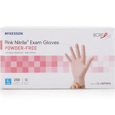 Box of McKesson Pink Nitrile Exam Gloves, powder-free, with pink hand illustration; 250 gloves per box.