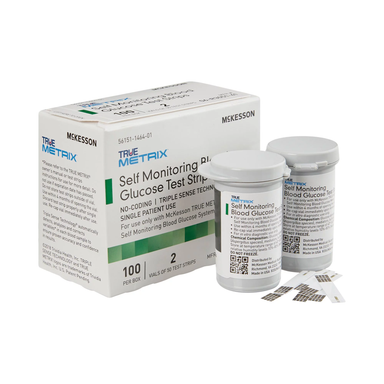 Box of True Metrix glucose test strips with two open vials.