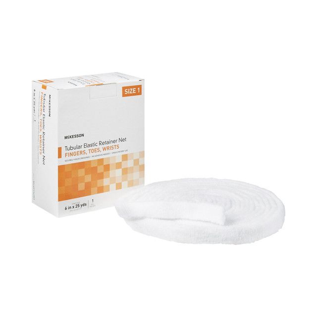Box and spool of white tubular elastic net bandages.