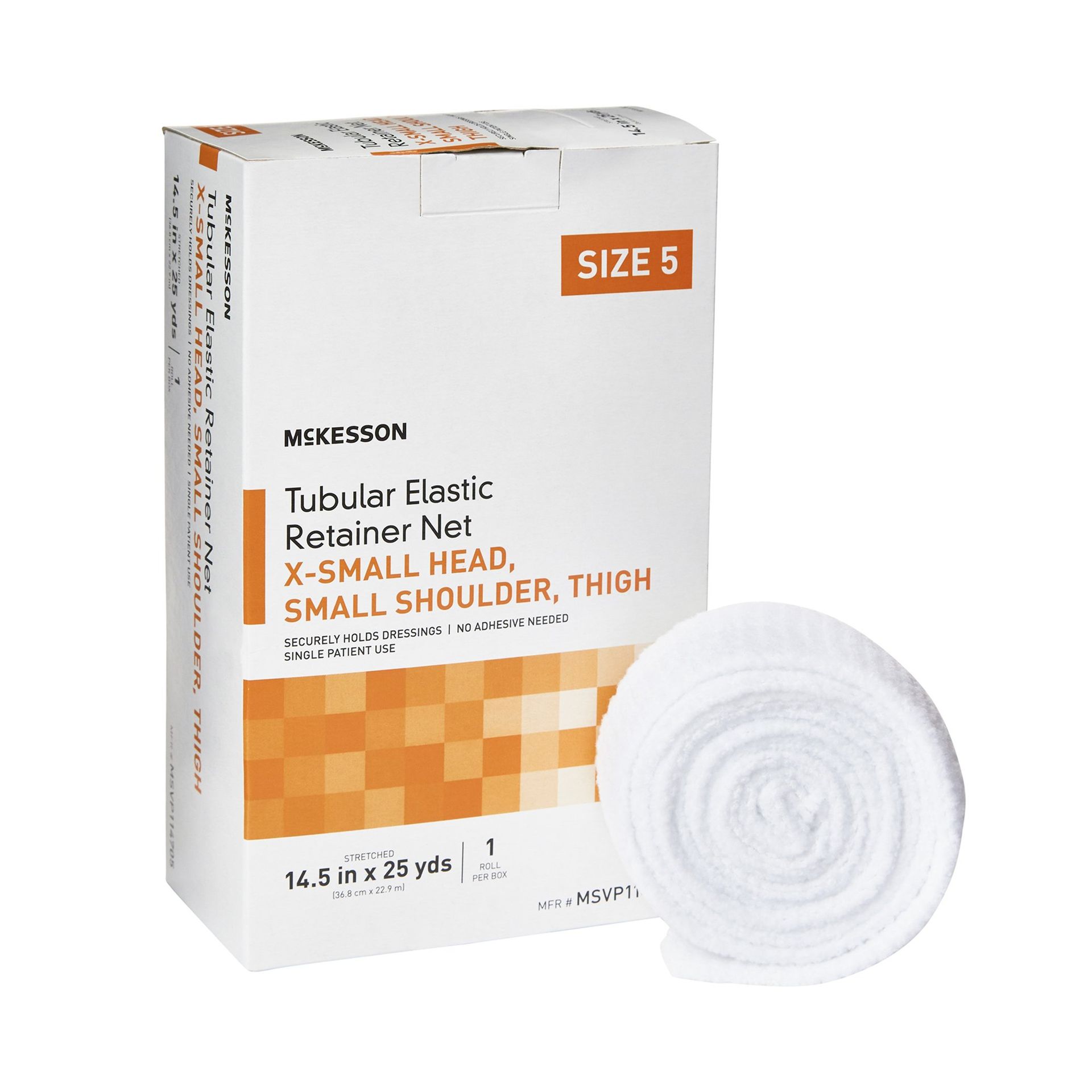 Box of McKesson Size 5 tubular elastic retainer net with a rolled-up white net beside it.