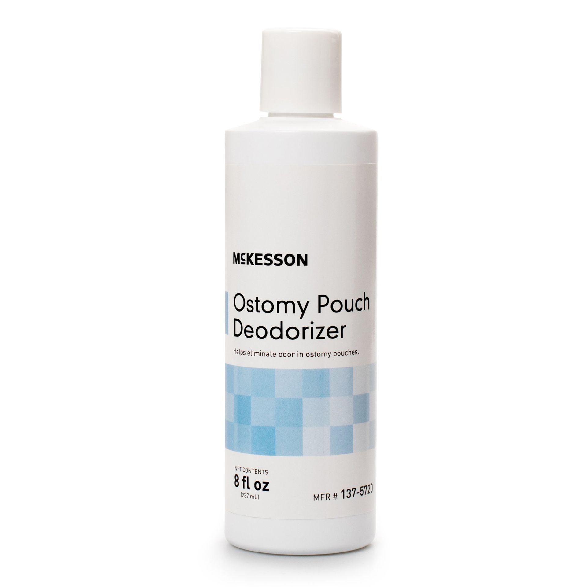 McKesson Ostomy Pouch Deodorizer bottle with white and blue label, 8 fl oz.