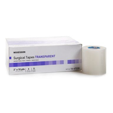 Box of McKesson transparent surgical tape with a roll of tape next to it.