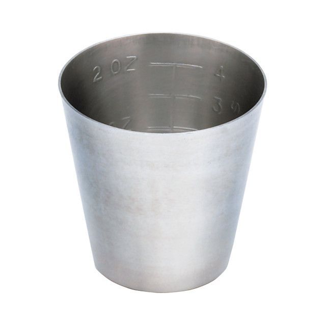 Stainless steel measuring cup with ounce markings.