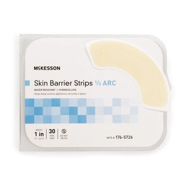 Package of McKesson skin barrier strips, beige adhesive, 1 inch wide, containing 30 strips.