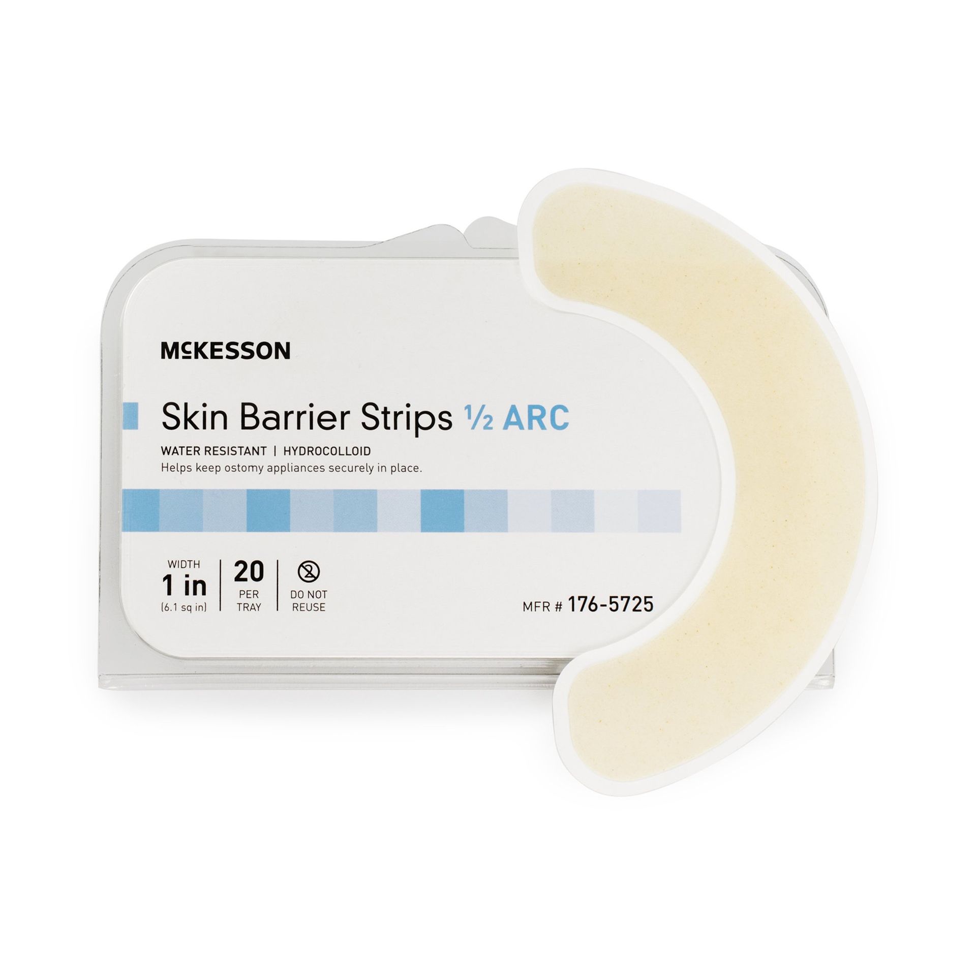 McKesson Skin Barrier Strips ½ ARC, light tan curved strips, white packaging.