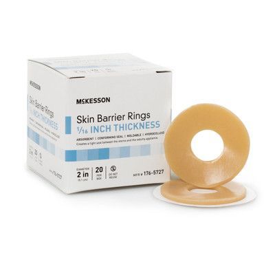 Box of McKesson Skin Barrier Rings with two rings in front.