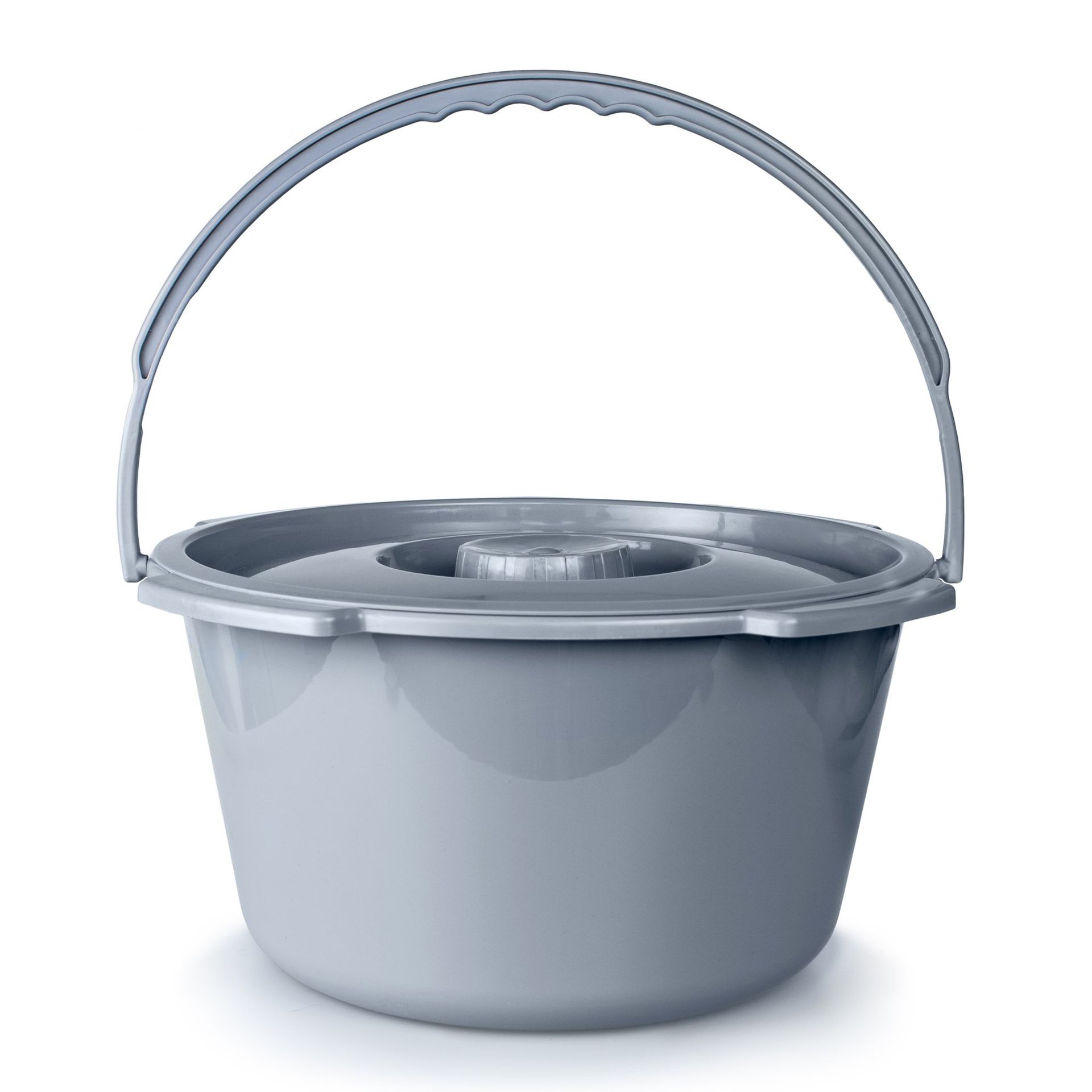Gray plastic bucket with a lid and handle.