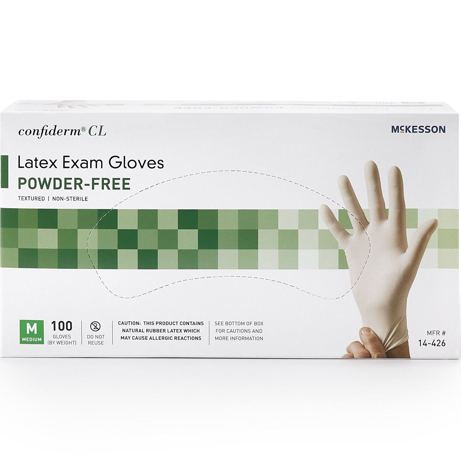 Box of latex exam gloves, powder-free, medium size. Features a gloved hand, green checkered design.