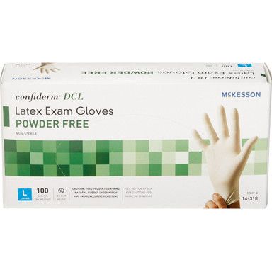 Box of McKesson confiderm DCL latex exam gloves, powder-free, in a white box with a green band and a hand wearing a glove.