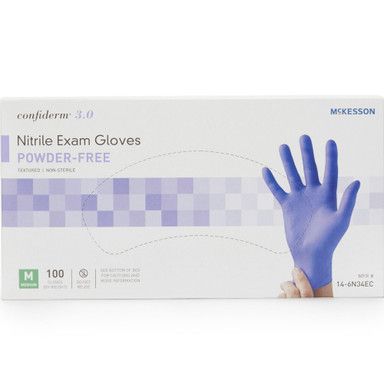 Box of blue, powder-free nitrile exam gloves. McKesson brand, size medium, 100 gloves.