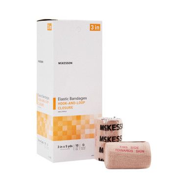 Box of elastic bandages, hook-and-loop closure, with two rolled bandages. The box is white and orange.