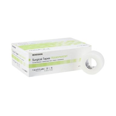 Box of transparent surgical tape and a roll.