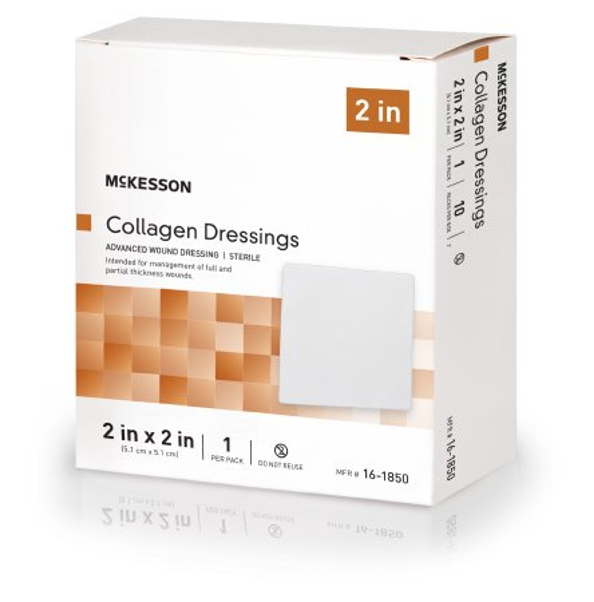 Box of McKesson Collagen Dressings, white box with product information and a 2x2 inch pad.
