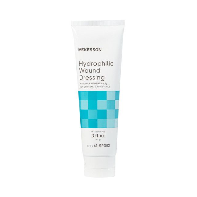 White tube of McKesson hydrophilic wound dressing, teal and blue design, 3 fl oz.