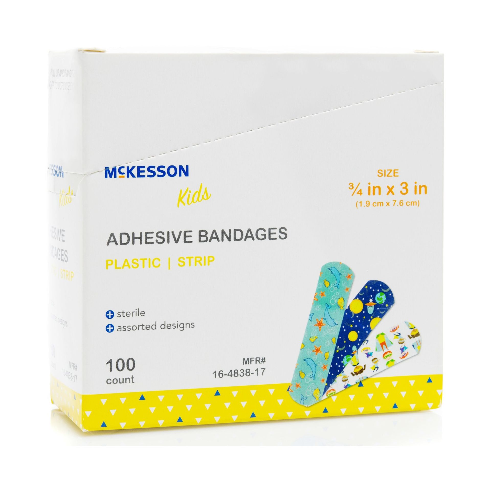 Box of McKesson Kids adhesive bandages, decorated with colorful patterns; contains 100 strips.
