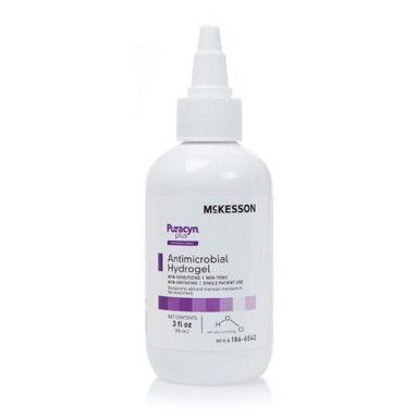 White bottle of McKesson Puracyn Plus Antimicrobial Hydrogel.