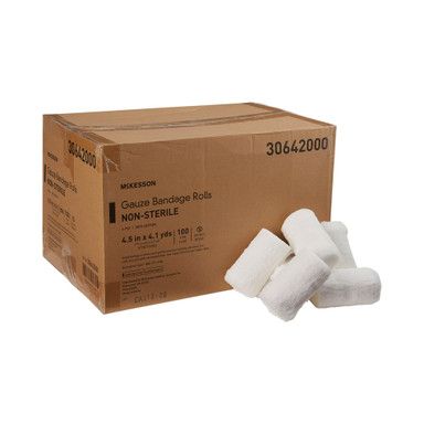 Box of McKesson gauze bandage rolls, non-sterile, with several rolls visible.